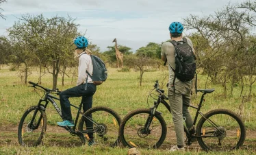 Two cyclists wearing helmets stand beside their mountain bikes while observing a giraffe in a grassy landscape.