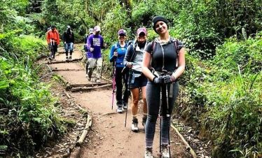 Trekking group hiking along a narrow dirt trail through lush green forest, with backpacks and walking poles in active motion.