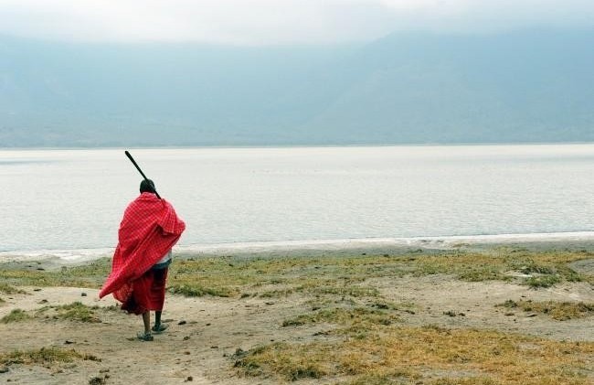 Maasai individual wearing a red shuka standing by the water's edge with a stick in hand.