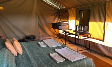 A cozy safari tent interior shows a neatly made bed with folded towels, a luggage rack, a mirror, and a small breakfast table in warm light.