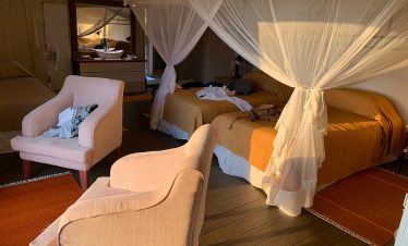 A safari lodge tent interior with four-poster beds draped in mosquito nets, soft armchairs, wooden floors, and warm sunlight across the room.