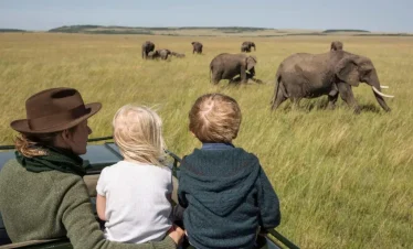 Watching an elephant herd across golden grass plains in Tanzania from an open safari vehicle, with family members seated in front.